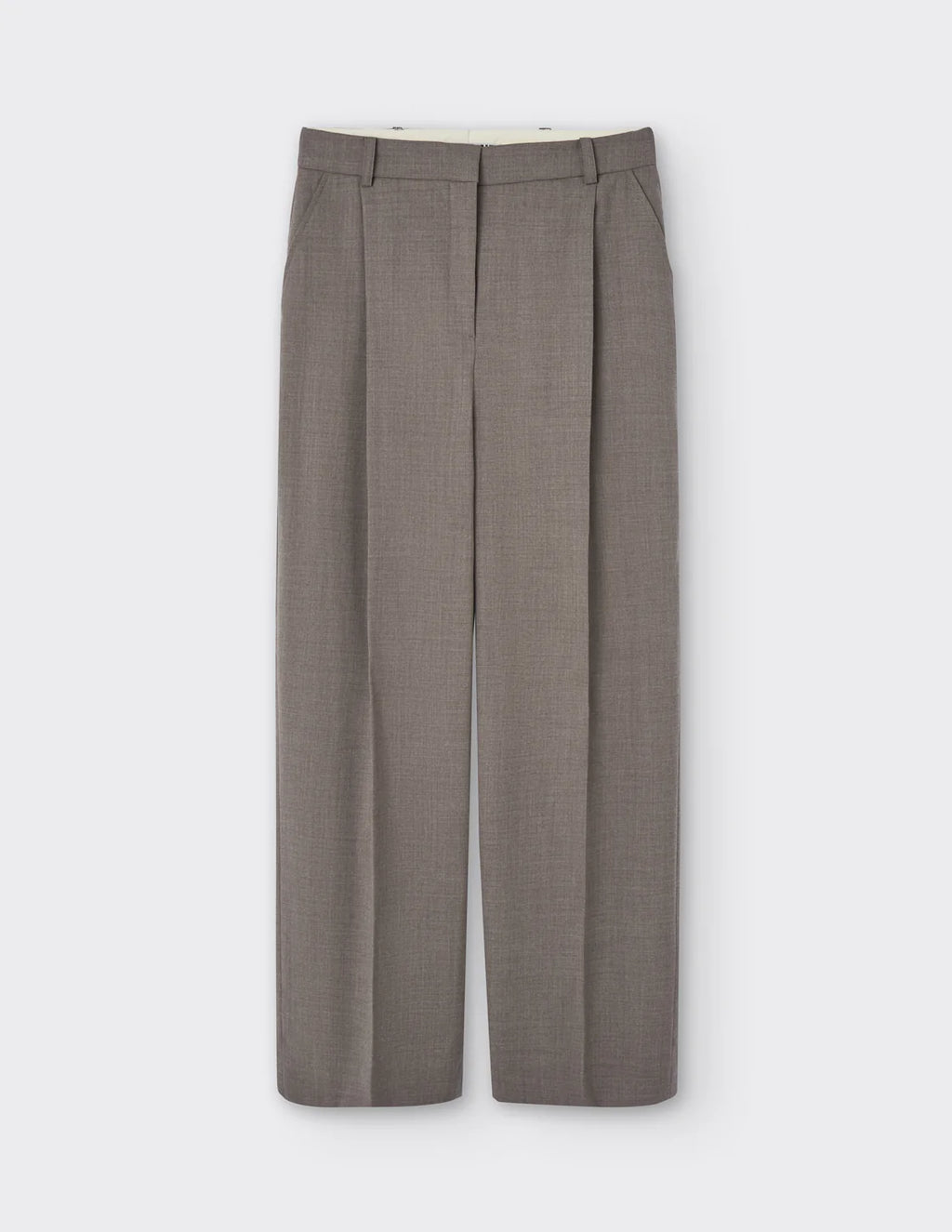 Maison Sarava taupe wide-leg pleated trousers, front view.