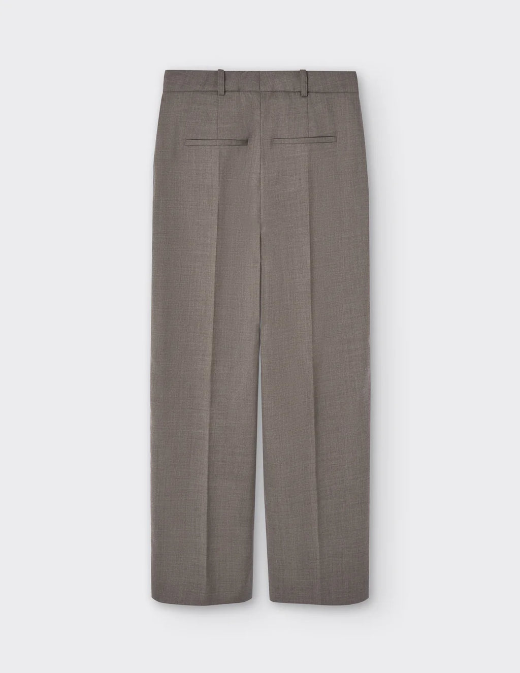 Maison Sarava taupe wide-leg pleated trousers, side view.