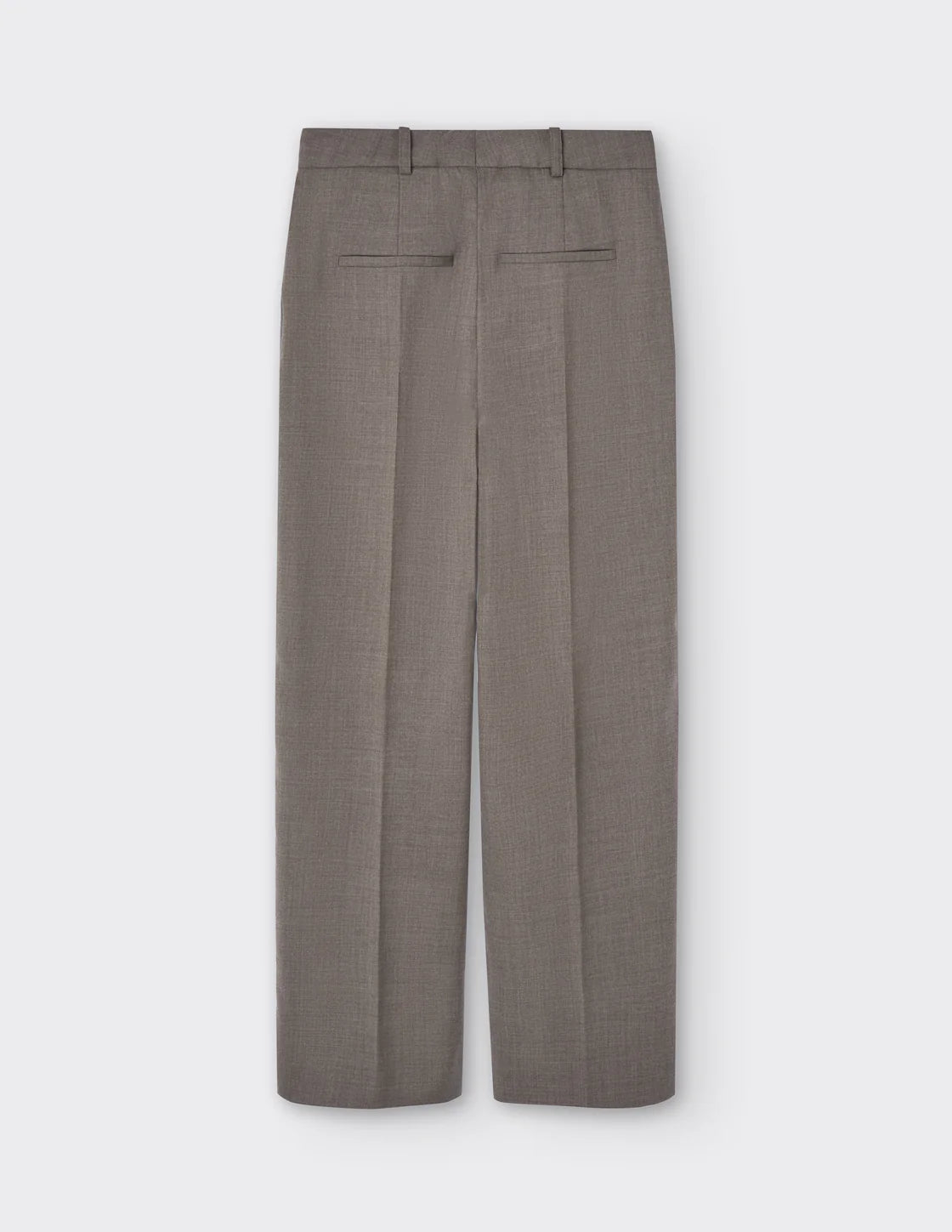 Maison Sarava taupe wide-leg pleated trousers, side view.