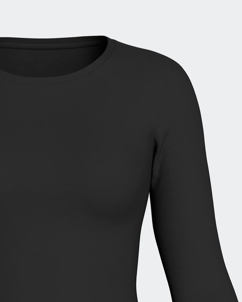 Maison Sarava women's black long-sleeve crew neck top in Lyocell and Merino wool, side view.
