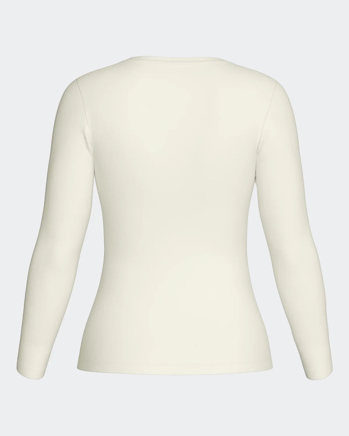 Maison Sarava women's cream long-sleeve crew neck top in Lyocell and Merino wool, back view.