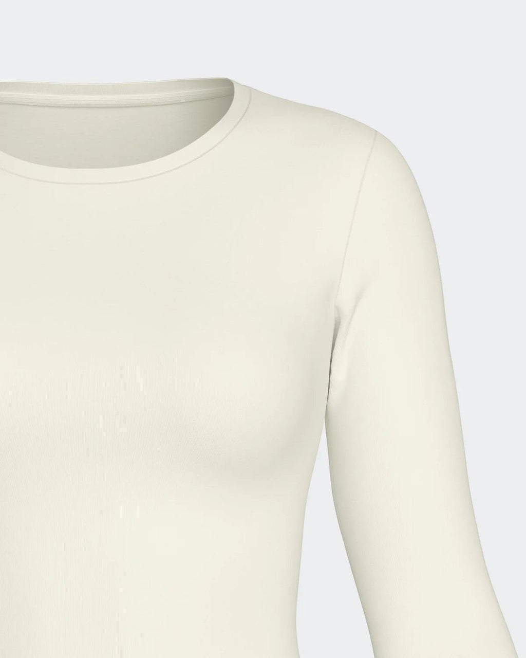 Maison Sarava women's cream long-sleeve crew neck top in Lyocell and Merino wool, detail view.