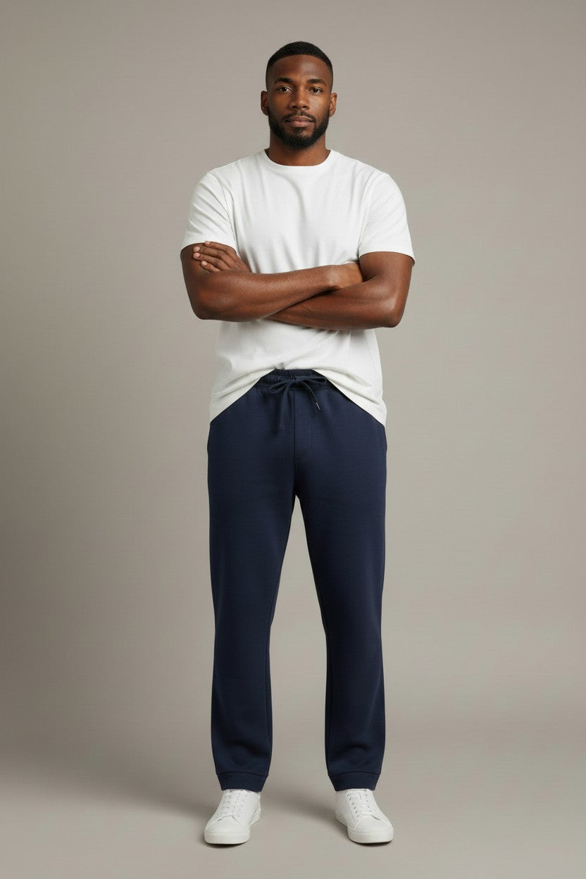 Maison Sarava men's navy blue Easywear track pants with straight leg and drawstring waist.