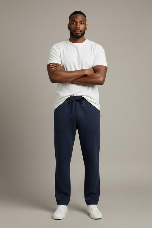 Maison Sarava men's navy blue Easywear track pants with straight leg and drawstring waist.