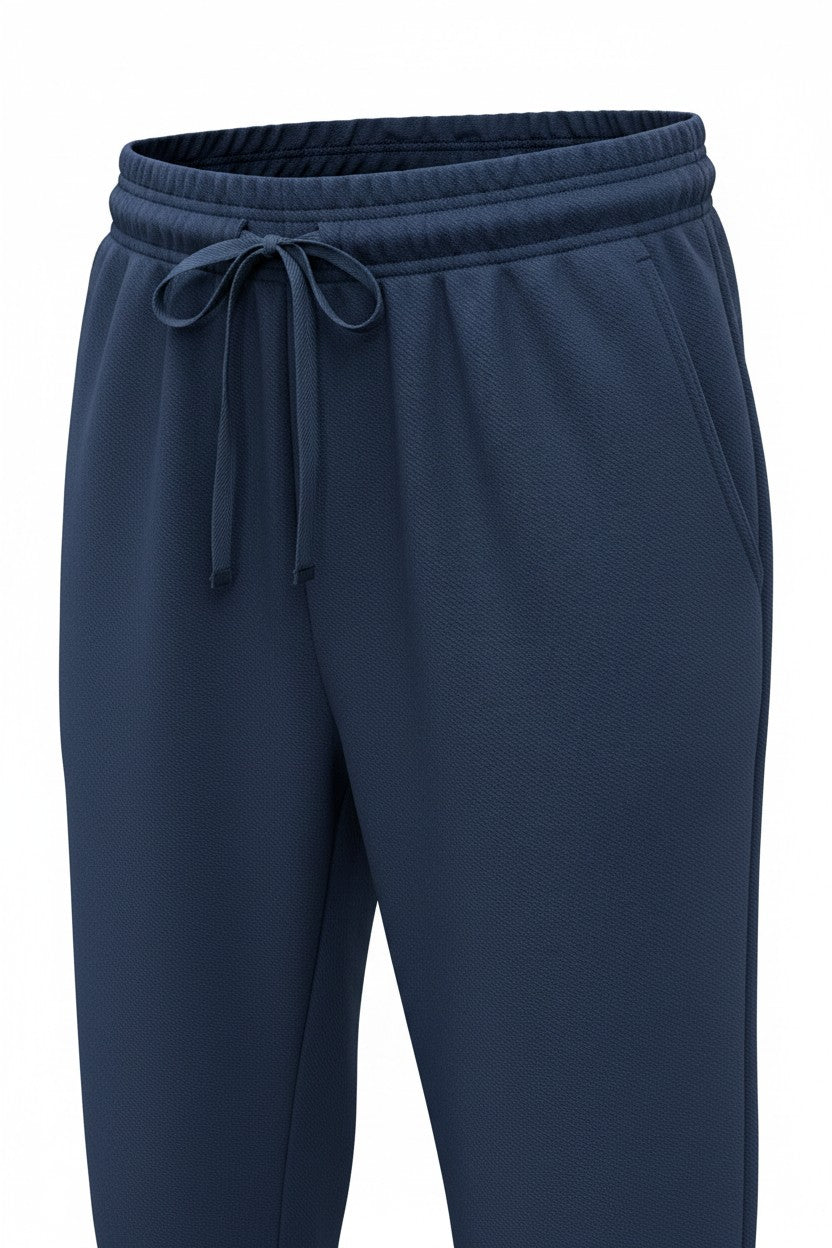 Navy blue sweatpants with a drawstring on a white background