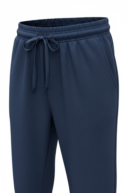 Navy blue sweatpants with a drawstring on a white background