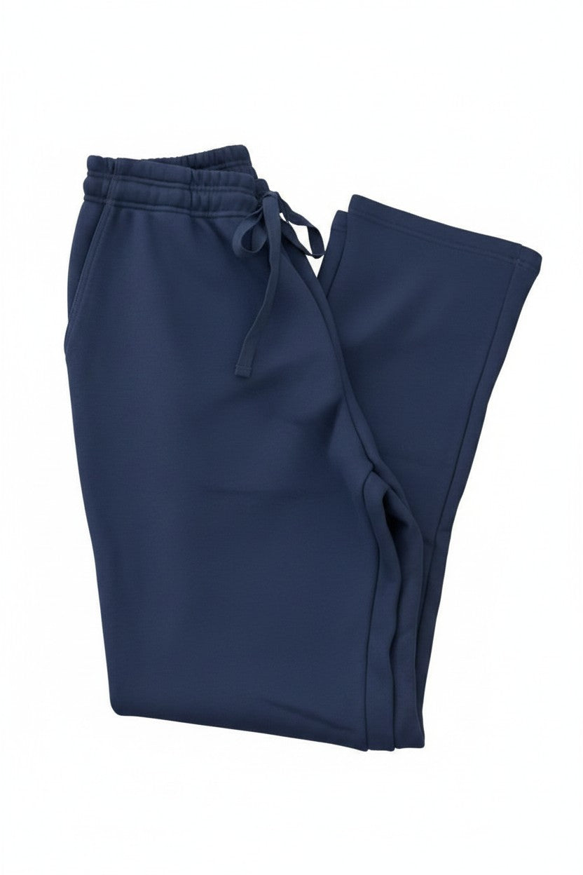 Pair of navy blue track pants on a white background