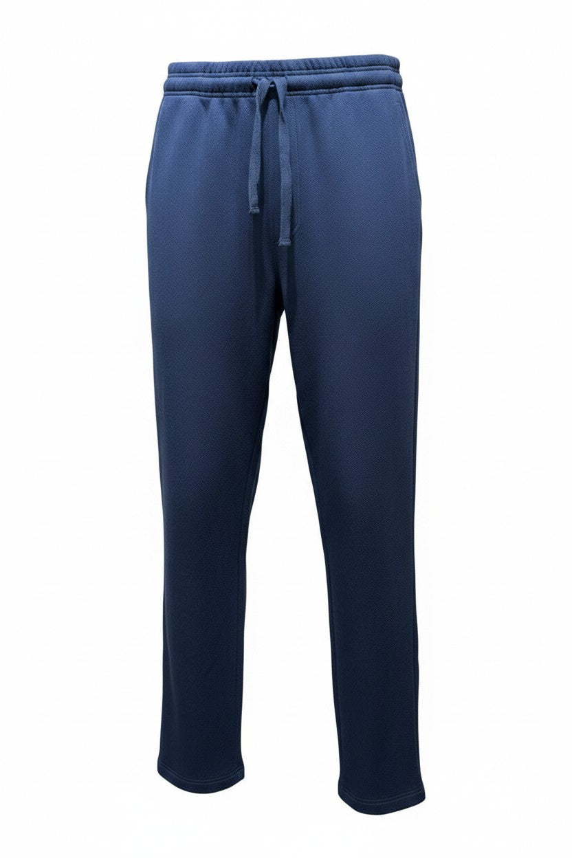 Blue track pants with pockets and a drawstring on a white background