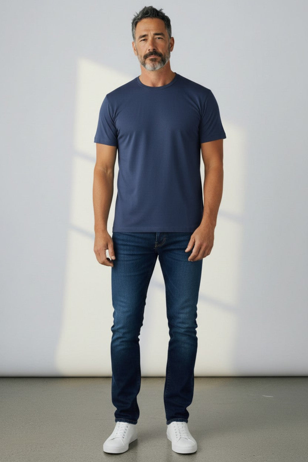 Maison Sarava inky blue mercerized cotton t-shirt for men with round neckline and relaxed fit.