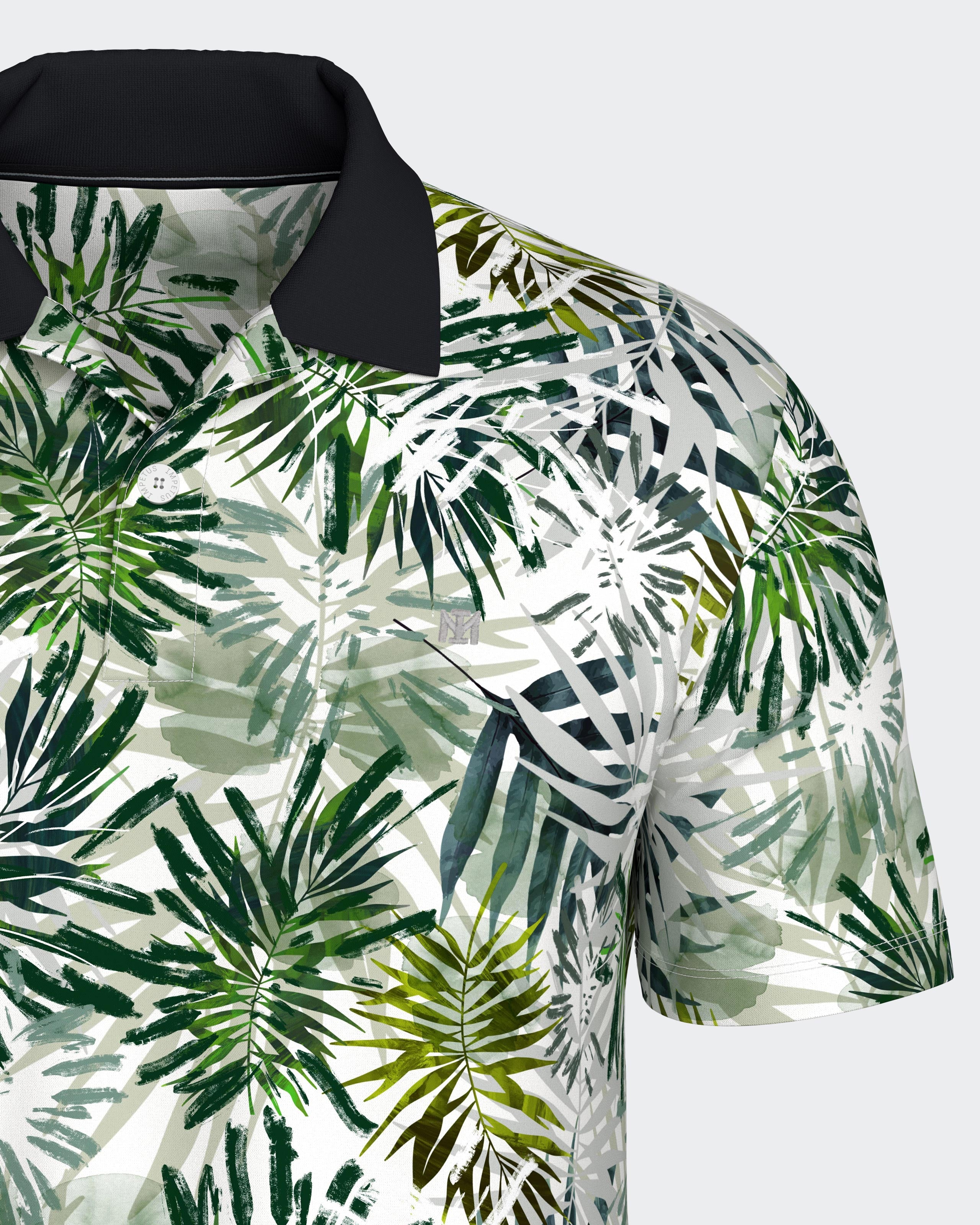Maison Sarava men's moss green cotton polo shirt, detail of collar and embroidered logo.