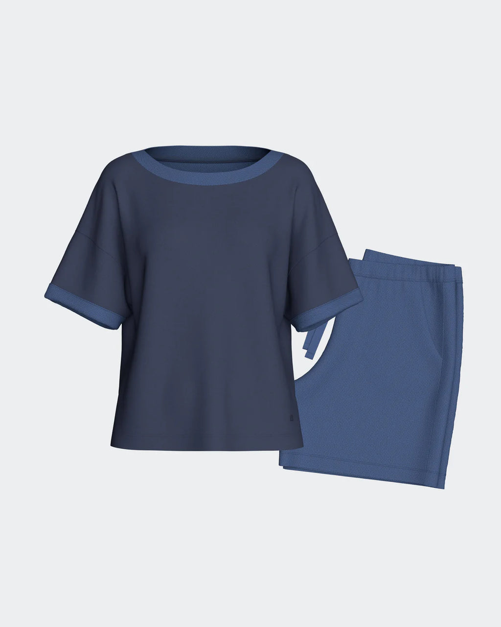 Maison Sarava women's navy short-sleeve loungewear set with shorts in soft modal, front view.