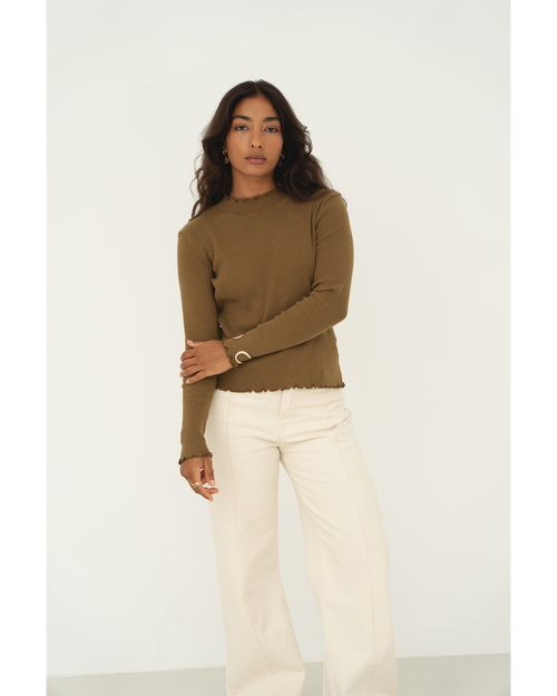 Women's Ava Turtleneck in Olive — Naz Ribbed Knit, Made in Portugal | Maison Sarava Canada