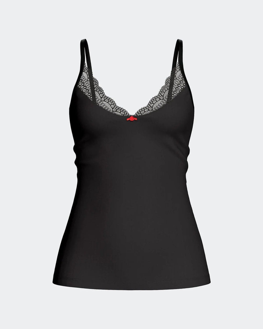 Maison Sarava black camisole with lace trim, adjustable straps, and a red bow detail. Made from TENCEL™ Lyocell.