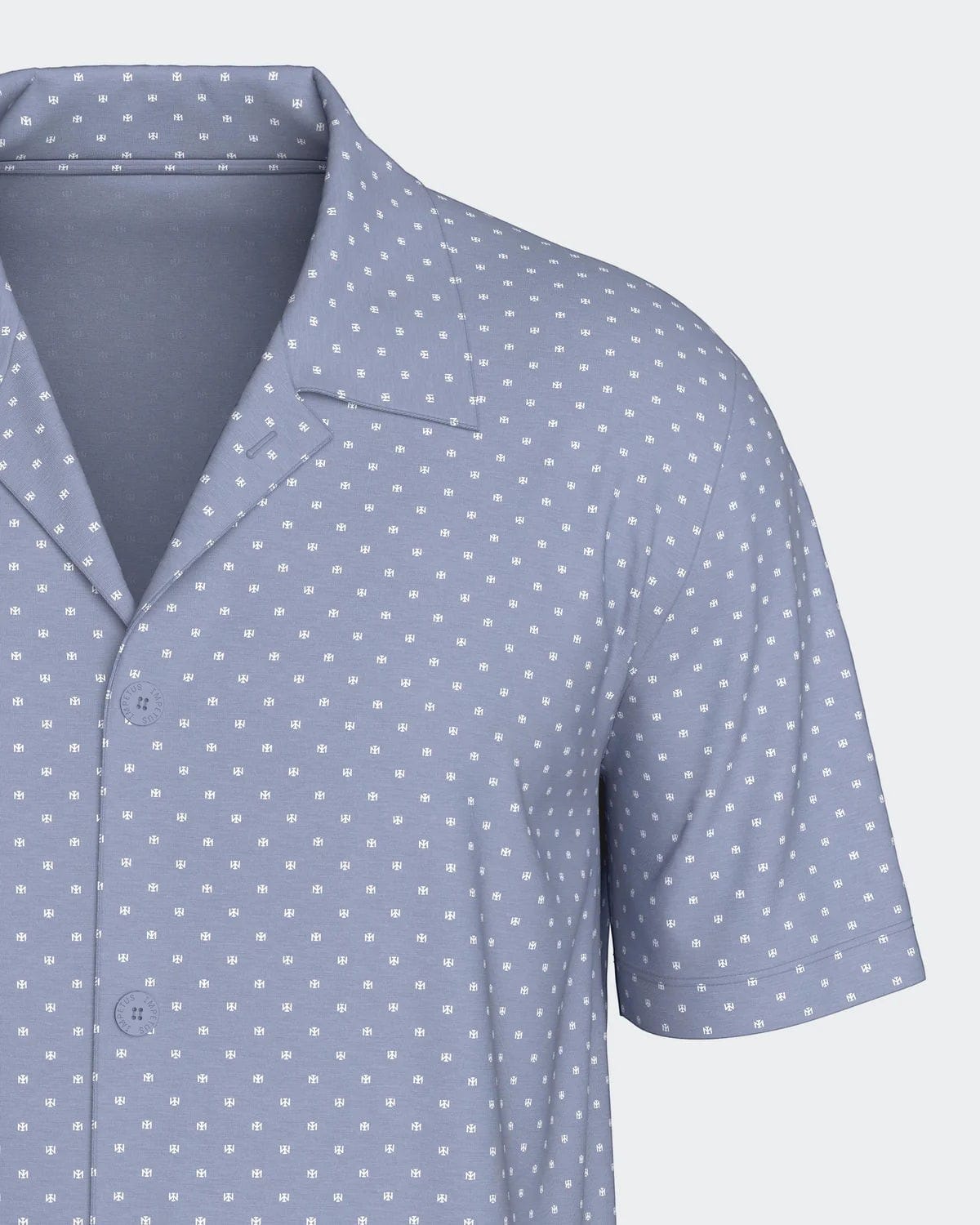 Maison Sarava men's light blue 100% cotton short sleeve lounge set with white micro logo pattern.