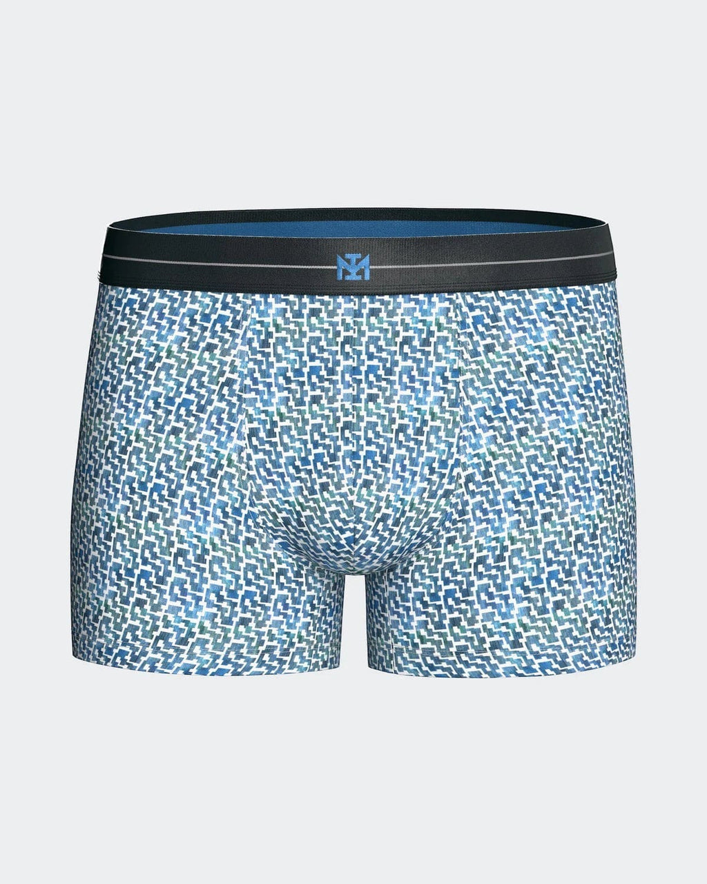 Maison Sarava men's blue geometric print cotton boxer briefs with elasticated waistband.