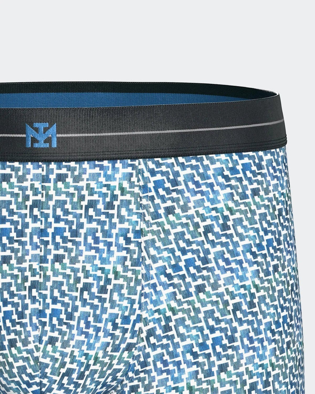 Maison Sarava men's blue geometric print cotton boxer briefs with elasticated waistband.