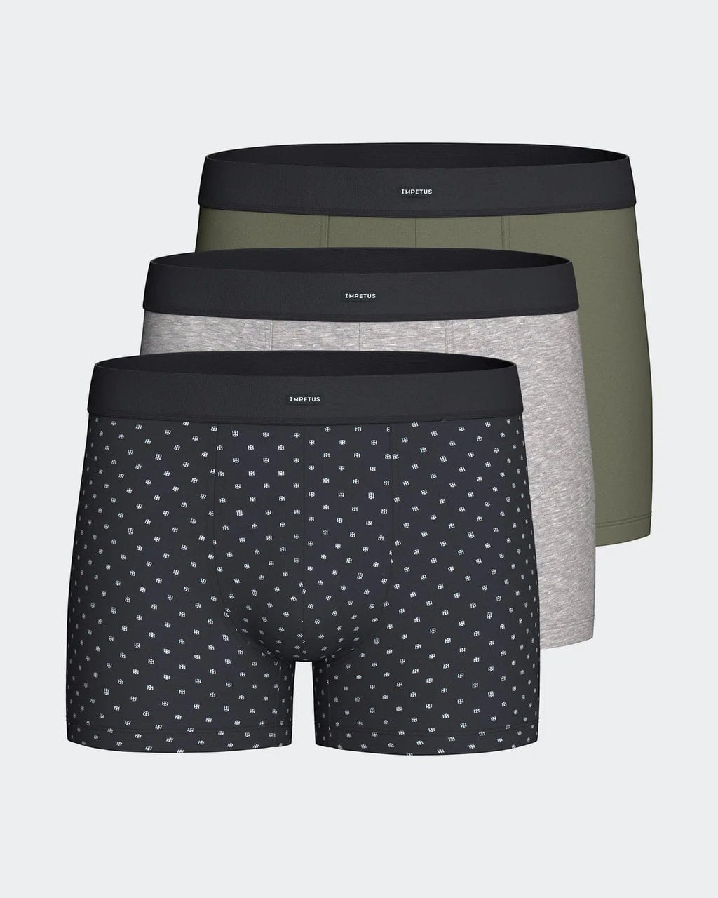 Maison Sarava pack of 3 men's cotton elastane boxers: one patterned navy, one grey marl, one olive green. Soft waistband.