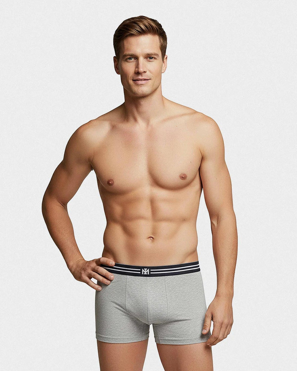 Maison Sarava men's grey cotton boxer briefs with a navy and white striped waistband featuring a micro logo.