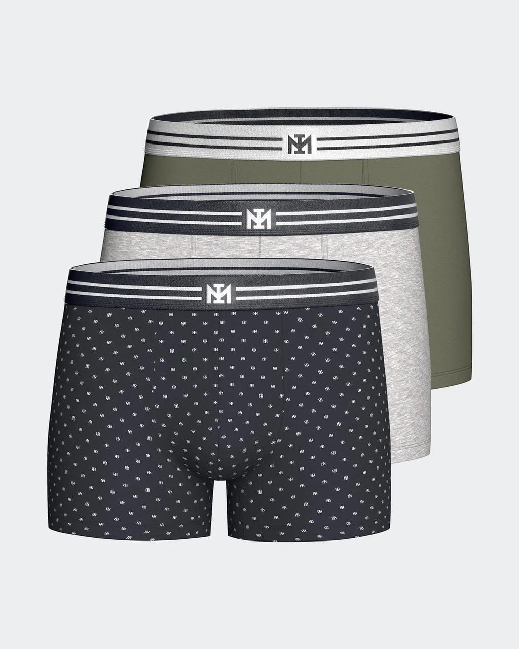 Maison Sarava pack of 3 men's cotton boxers: one black with micro logo pattern, one grey marl, one olive green. Comfortable elasticated waistband.