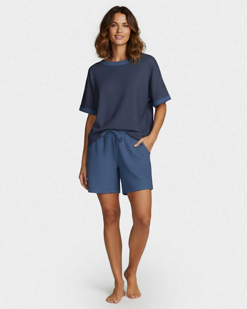 Maison Sarava women's navy short-sleeve loungewear set with shorts in soft modal.