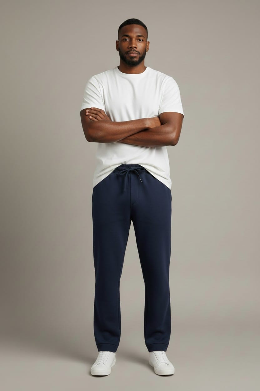 Maison Sarava men's navy blue Easywear track pants with straight leg and drawstring waist.