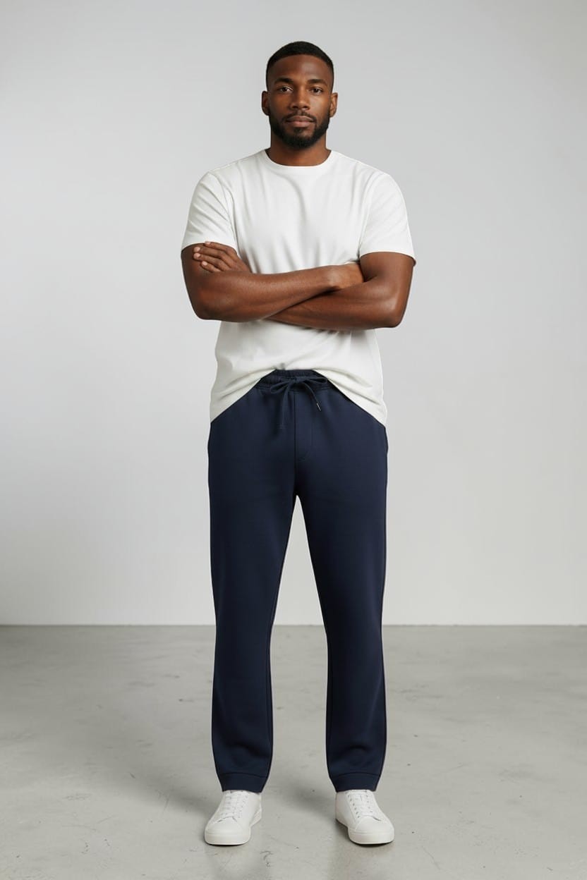 Maison Sarava men's navy blue Easywear track pants with straight leg and drawstring waist.