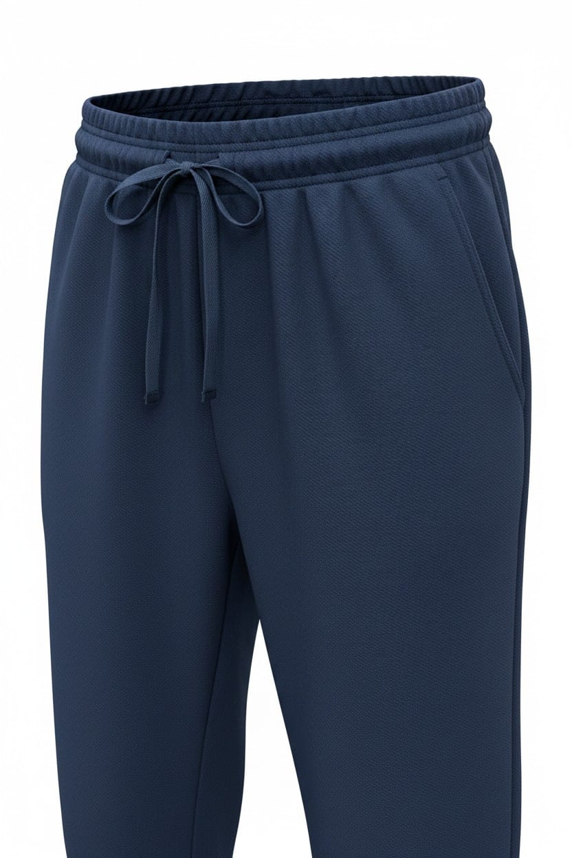 Navy blue sweatpants with a drawstring on a white background