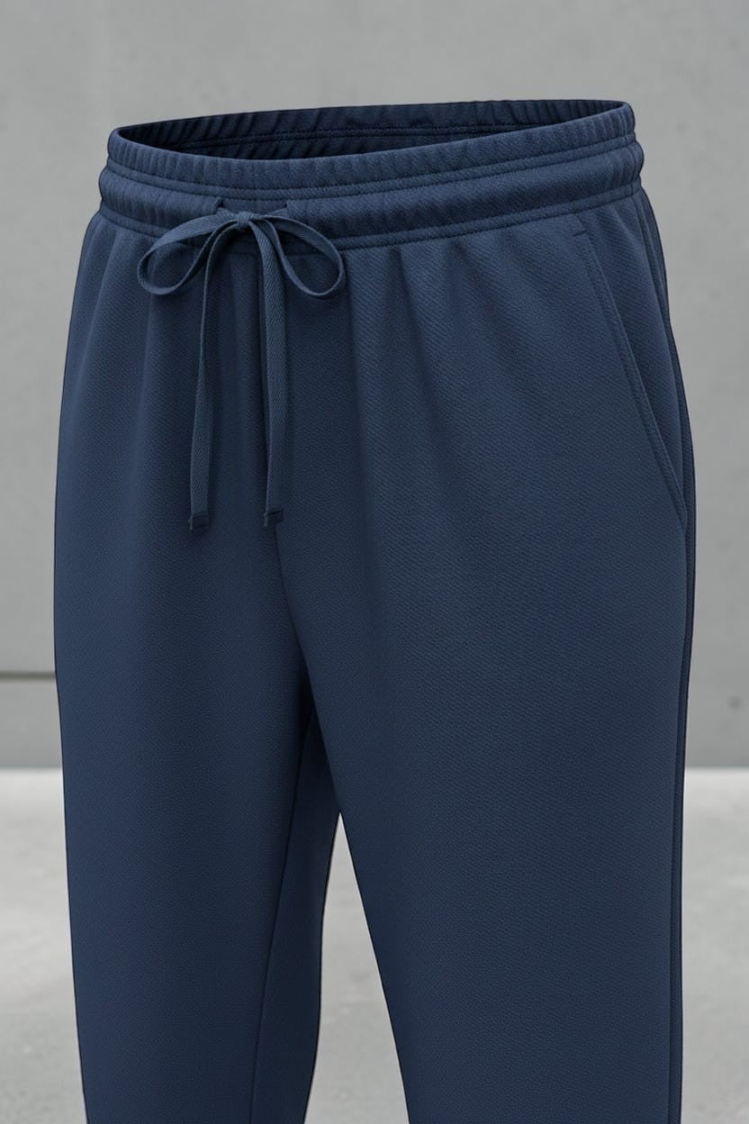 Navy blue sweatpants with a drawstring on a white background