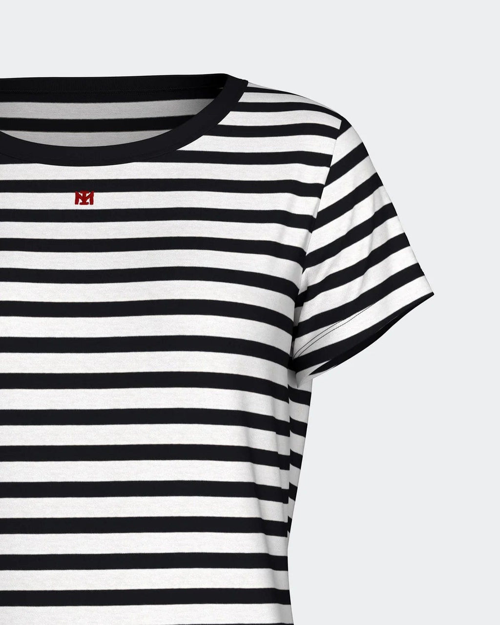 Maison Sarava women's navy blue and white striped 100% cotton short sleeve t-shirt with red logo detail.