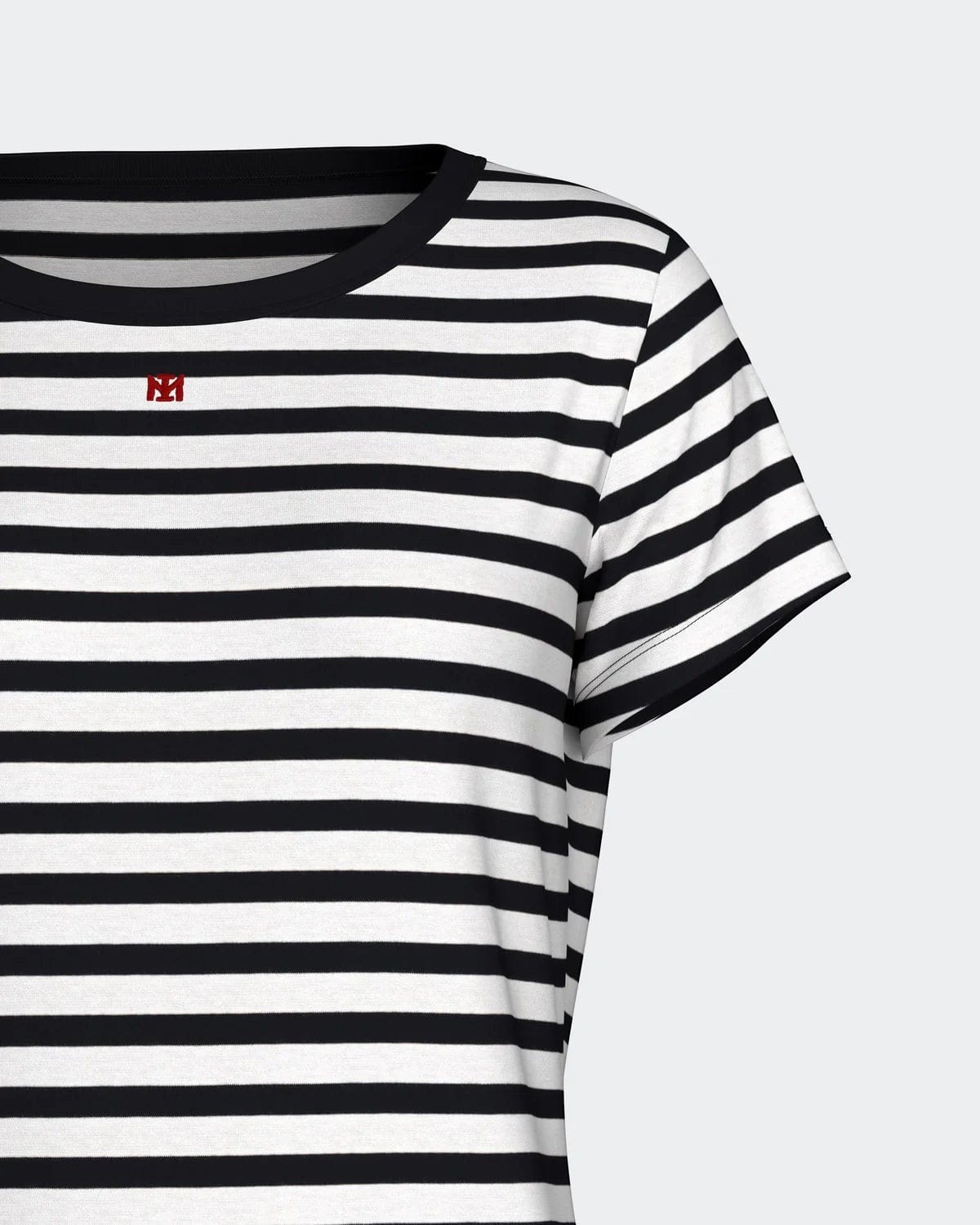 Maison Sarava women's navy blue and white striped 100% cotton short sleeve t-shirt with red logo detail.