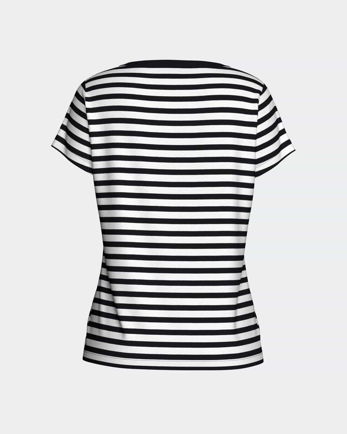 Maison Sarava women's navy blue and white striped 100% cotton short sleeve t-shirt.