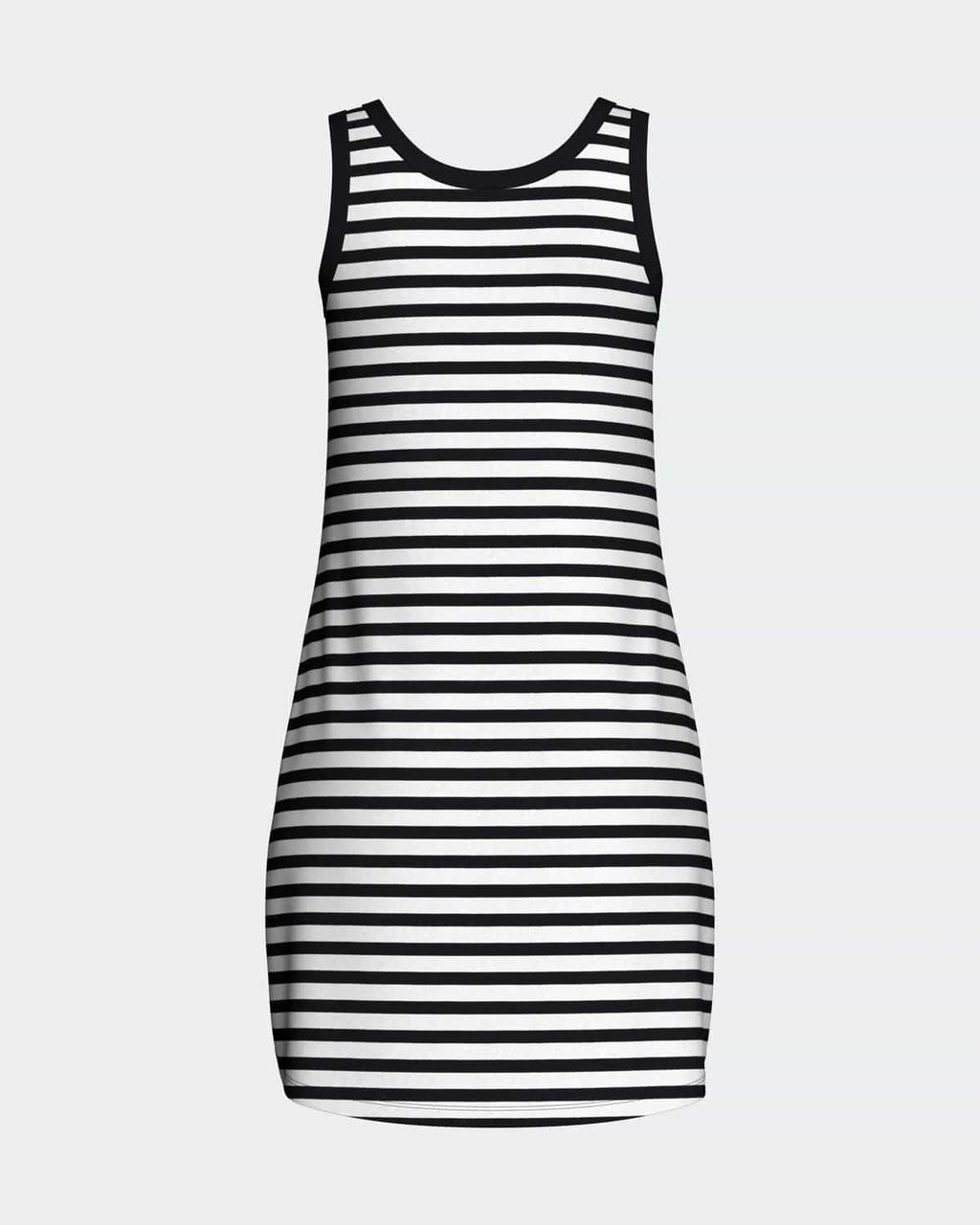 Maison Sarava women's black and white striped sleeveless tank dress, relaxed fit, crew neck.