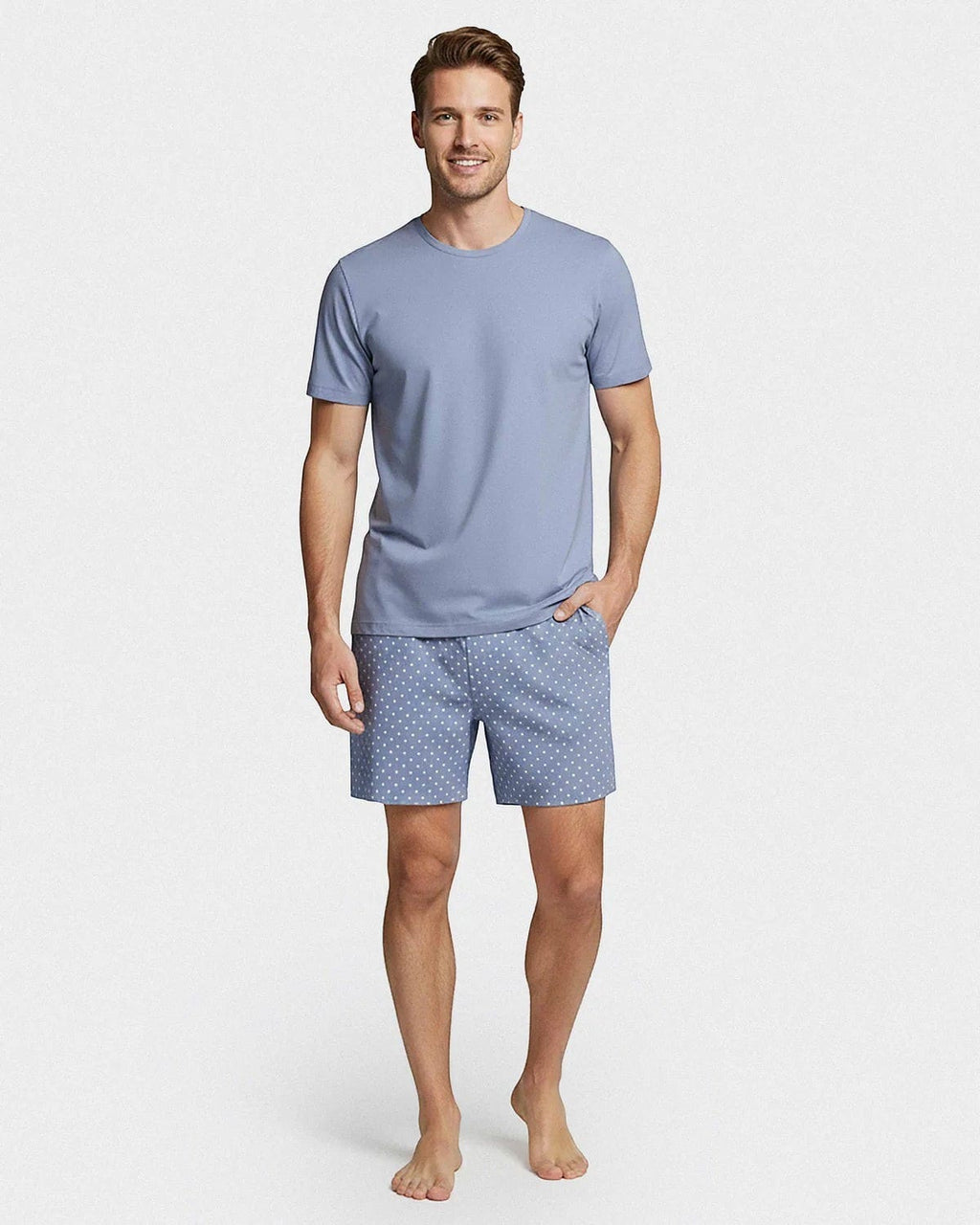 Maison Sarava men's light blue 100% cotton short sleeve lounge set with round neck t-shirt and polka dot shorts.