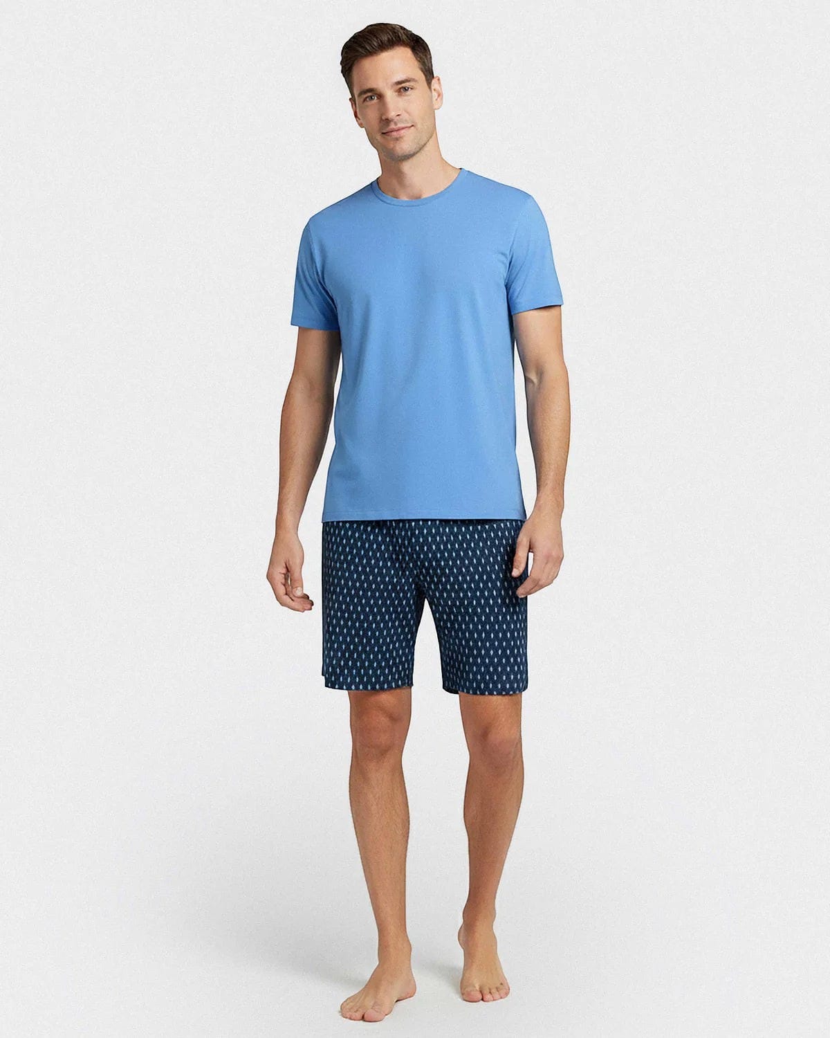 Maison Sarava men's blue cotton t-shirt and geometric print shorts loungewear set. Round neck tee, elasticated waist shorts.