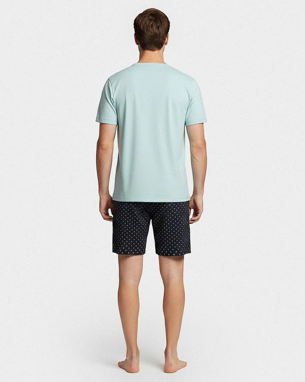 Maison Sarava men's light blue cotton t-shirt and navy micro-logo pattern shorts loungewear set.