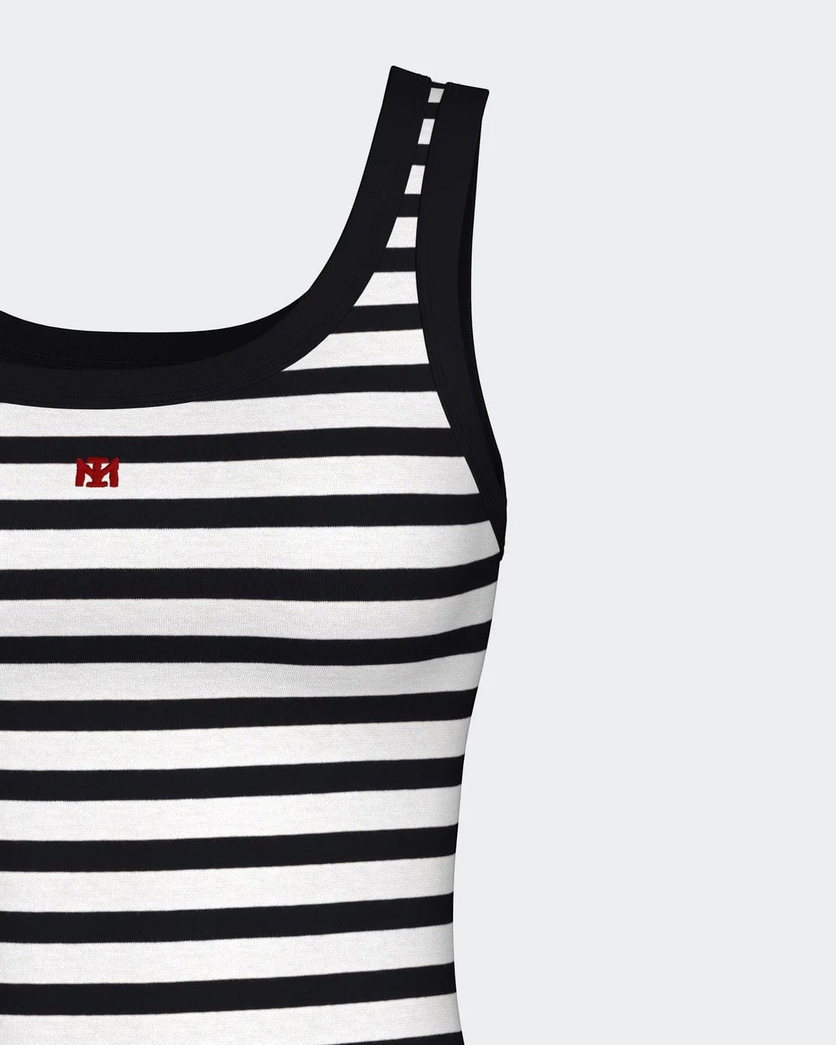 Maison Sarava women's black and white striped cotton knit sleeveless nightshirt with red logo detail.