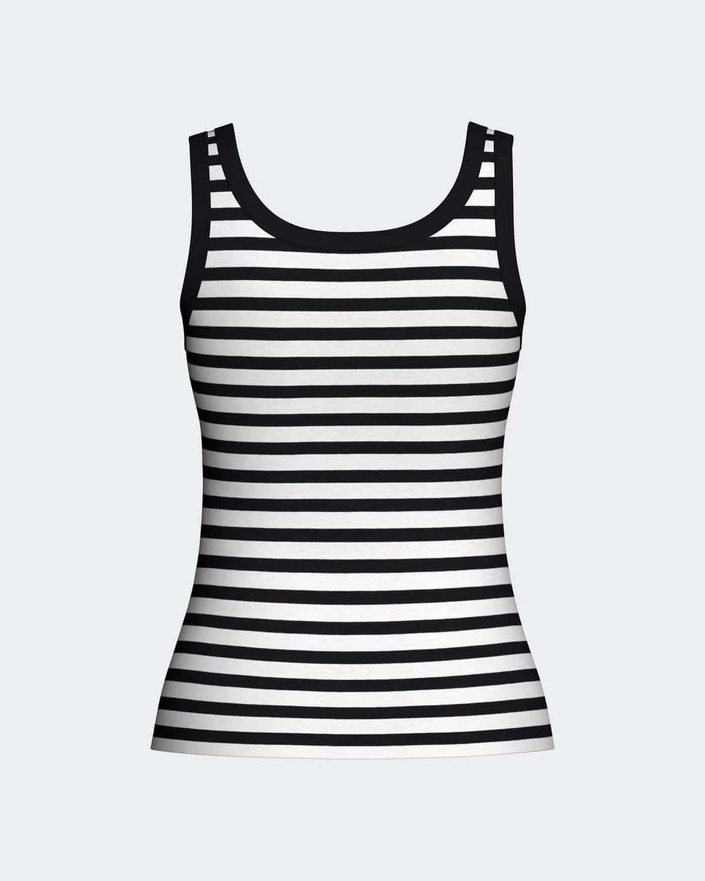 Maison Sarava women's black and white striped modal tank top with black trim. Sleeveless design.
