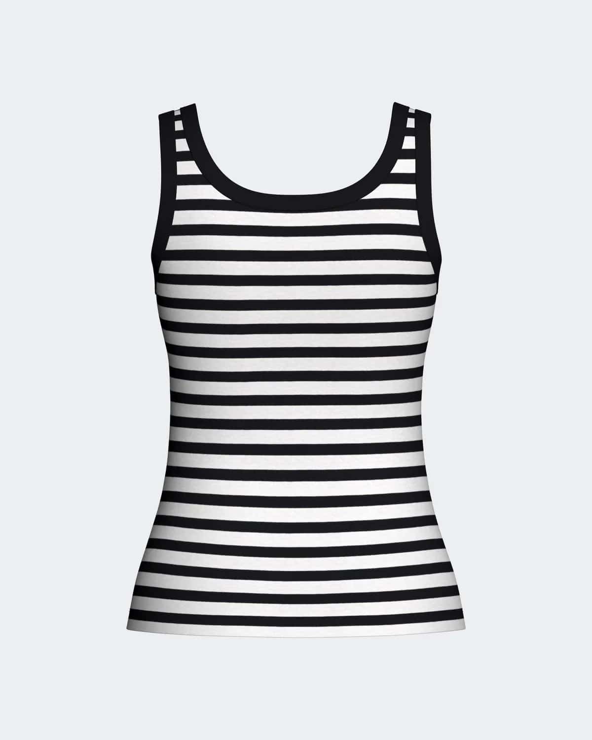 Maison Sarava women's black and white striped modal tank top with black trim. Sleeveless design.