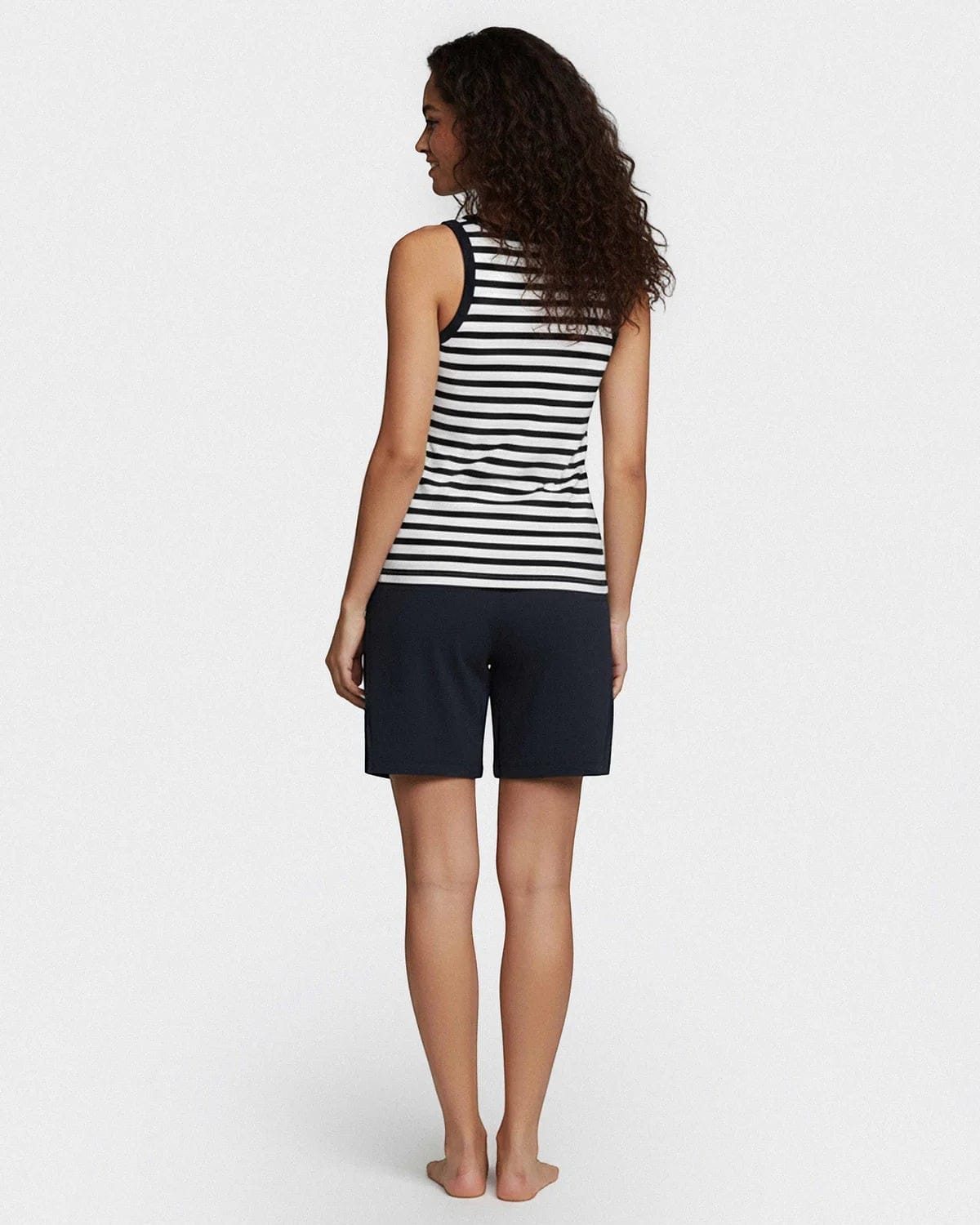 Maison Sarava women's navy and white striped sleeveless top with navy blue drawstring shorts. 100% cotton knit loungewear.