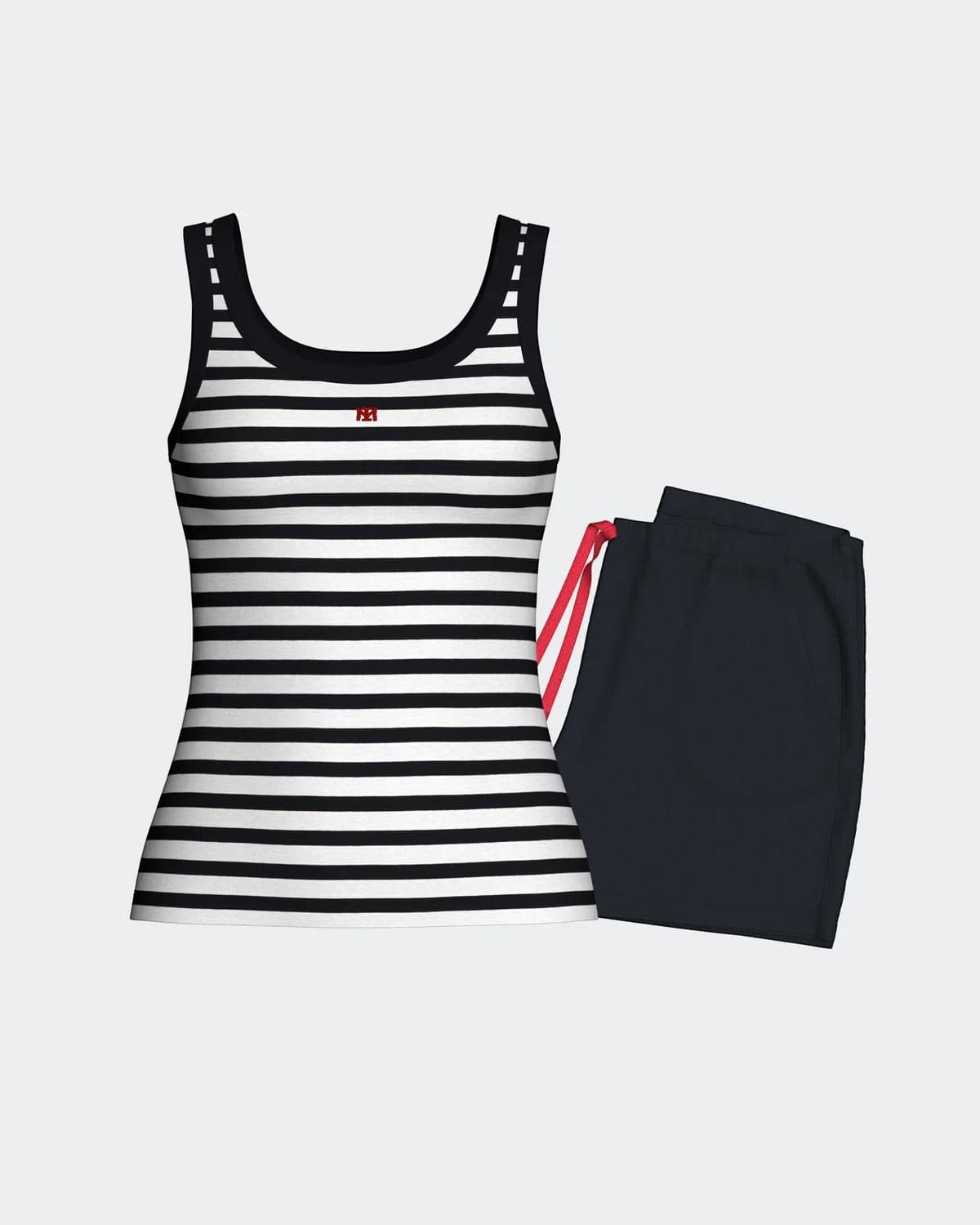 Maison Sarava women's navy and white striped tank top and navy shorts with red stripe detail. 100% cotton knit loungewear.