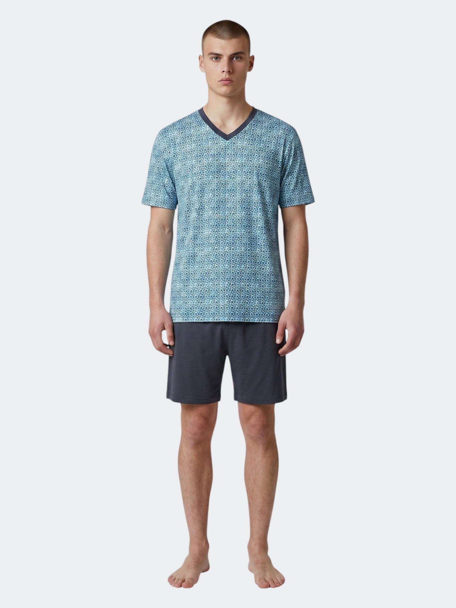Maison Sarava men's blue geometric print V-neck t-shirt and navy shorts lounge set, 100% cotton.
