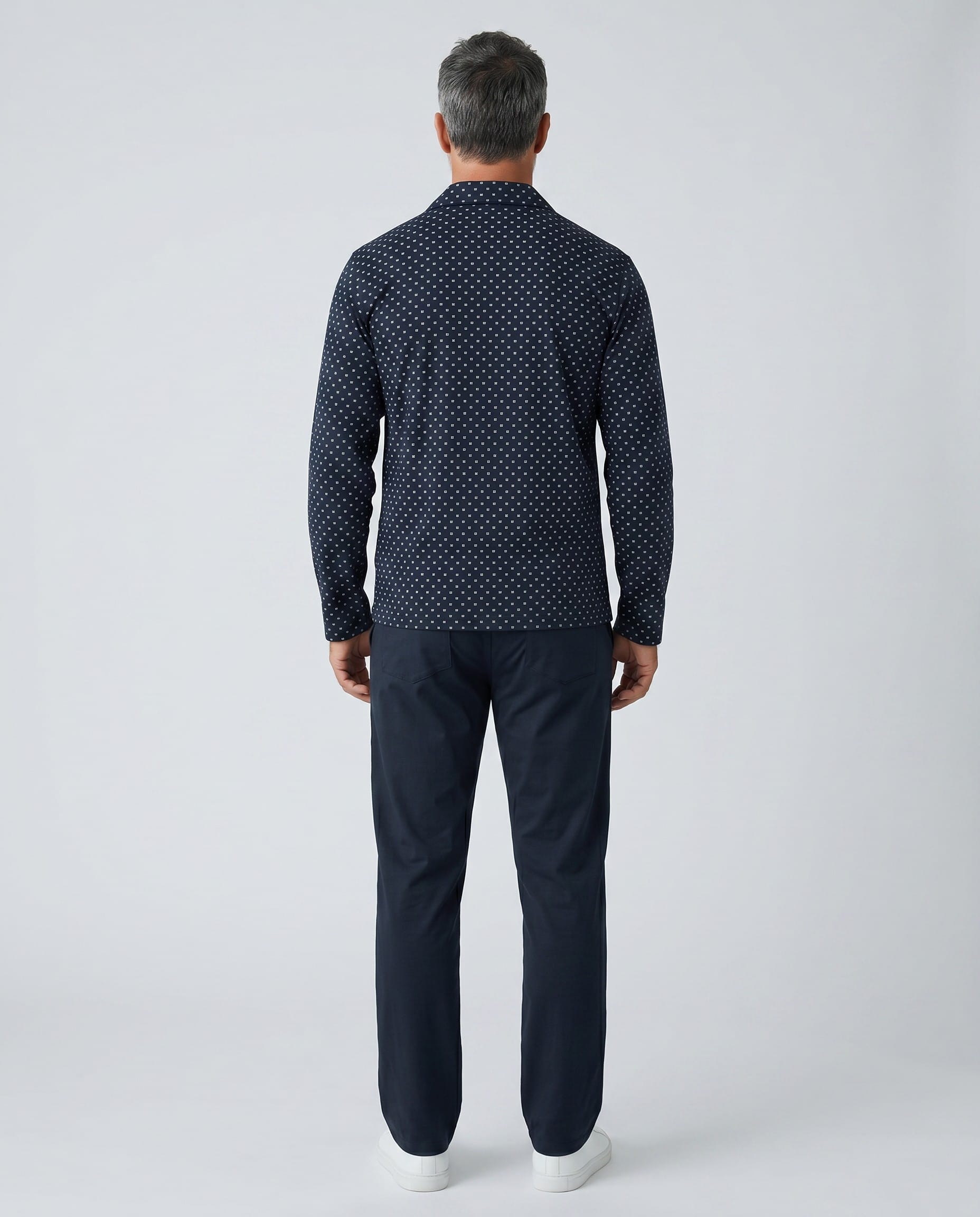 Maison Sarava men's dark grey 100% cotton knit lounge set with micro-print button-down shirt and plain trousers with side pockets.