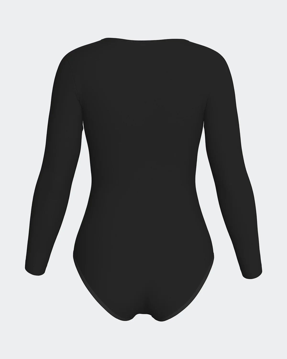 Maison Sarava black long sleeve V-neck bodysuit made from soft, breathable fabric for a smooth, second-skin feel.