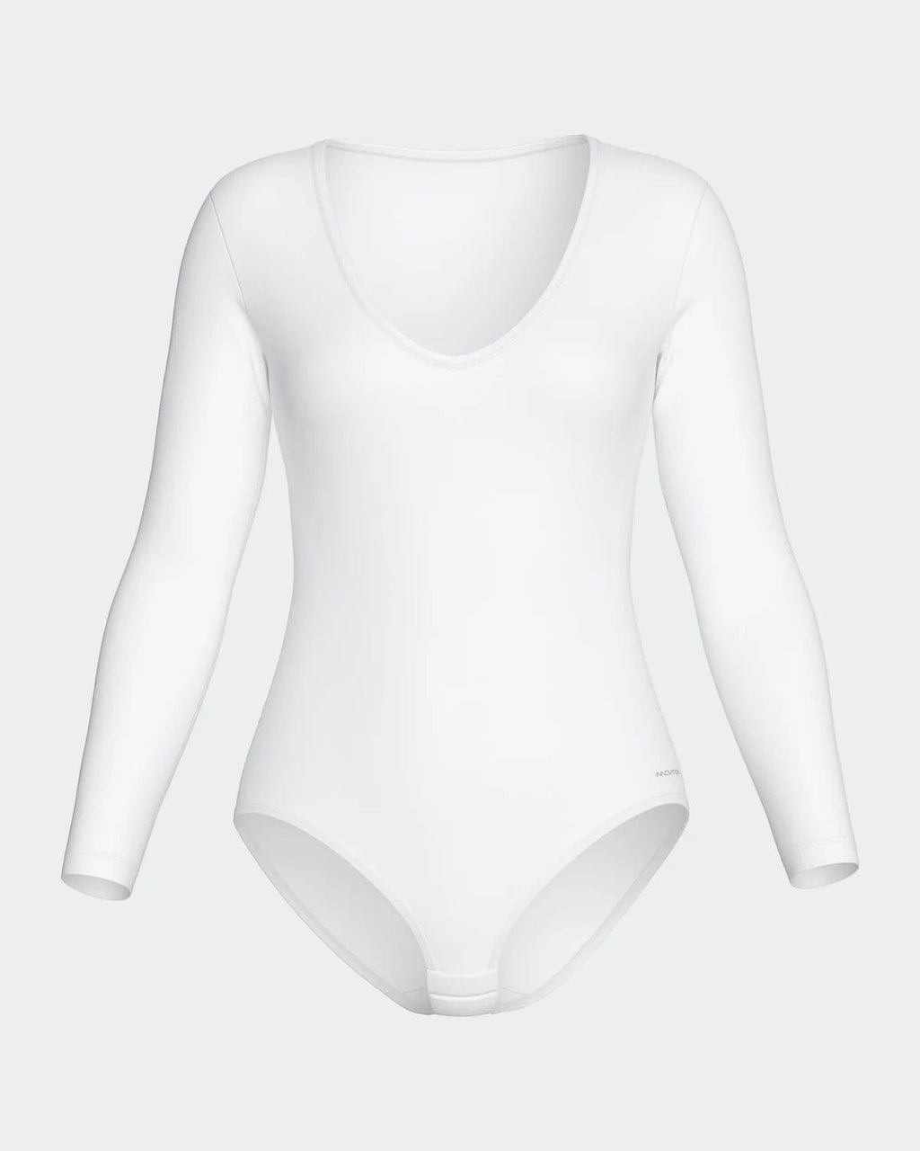 Maison Sarava white long sleeve V-neck bodysuit made from soft, breathable fabric for a smooth, second-skin feel.