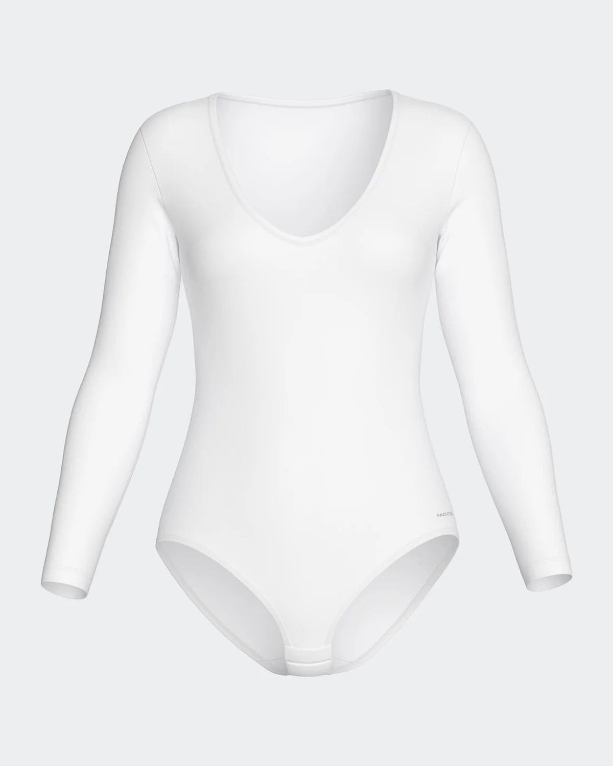 Maison Sarava white long sleeve V-neck bodysuit made from soft, breathable fabric for a smooth, second-skin feel.