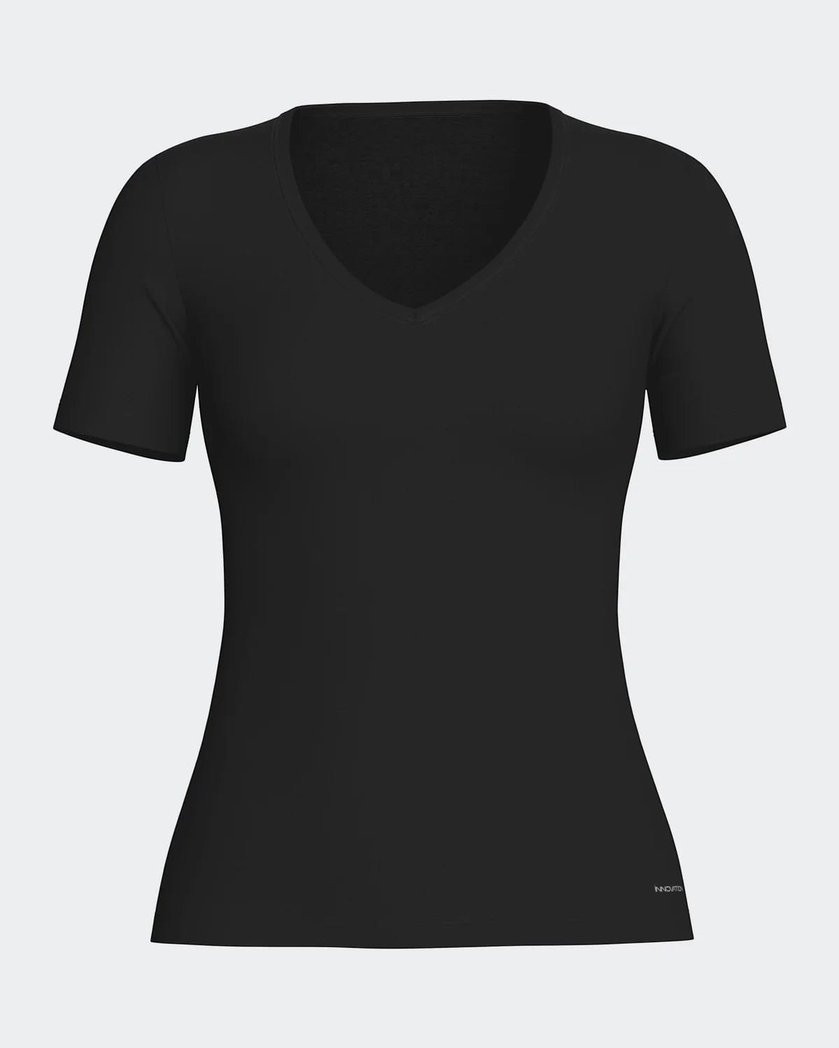 Maison Sarava black V-neck t-shirt made from cotton and viscose with Outlast® Adaptive Comfort® technology for temperature regulation.