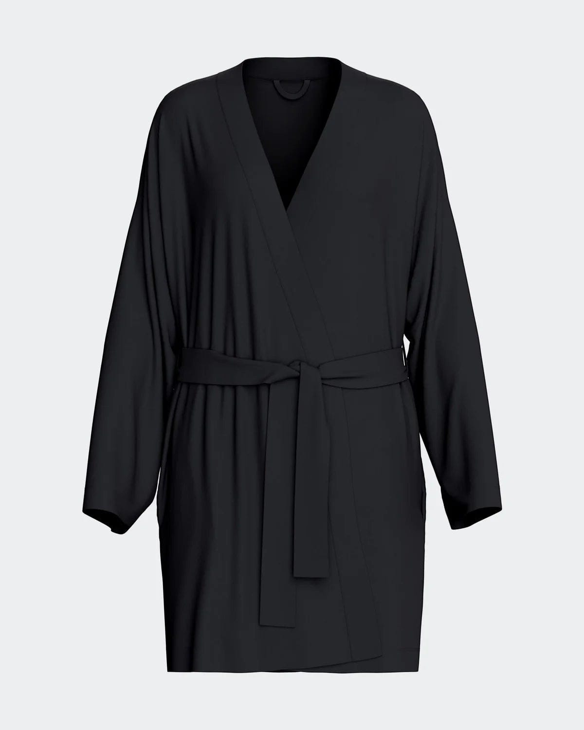 Maison Sarava black TENCEL™ Lyocell kimono robe with adjustable belt and wide sleeves.