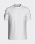 Maison Sarava white textured knit short sleeve crew neck sweater with subtle vertical texture and embroidered logo.