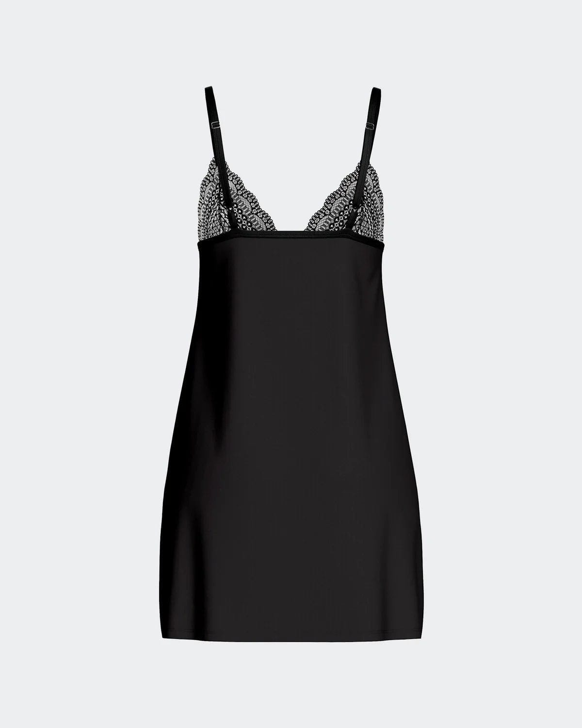 Maison Sarava black lyocell babydoll nightdress with lace trim on bust and adjustable straps.