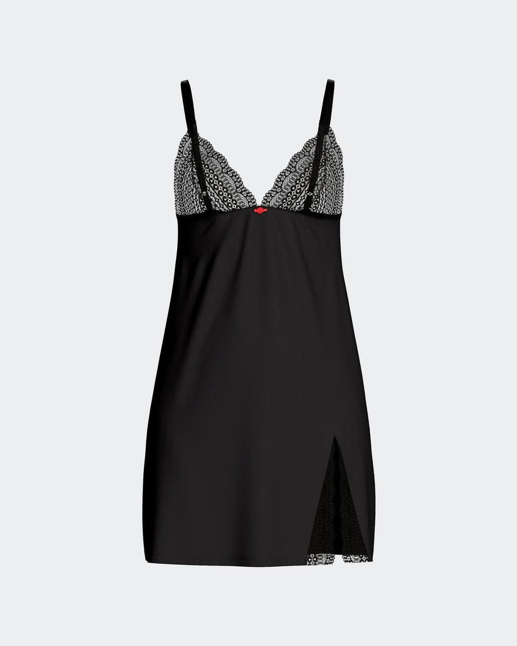Maison Sarava black Lyocell babydoll nightdress with lace trim on bust and hem, and a red bow detail.